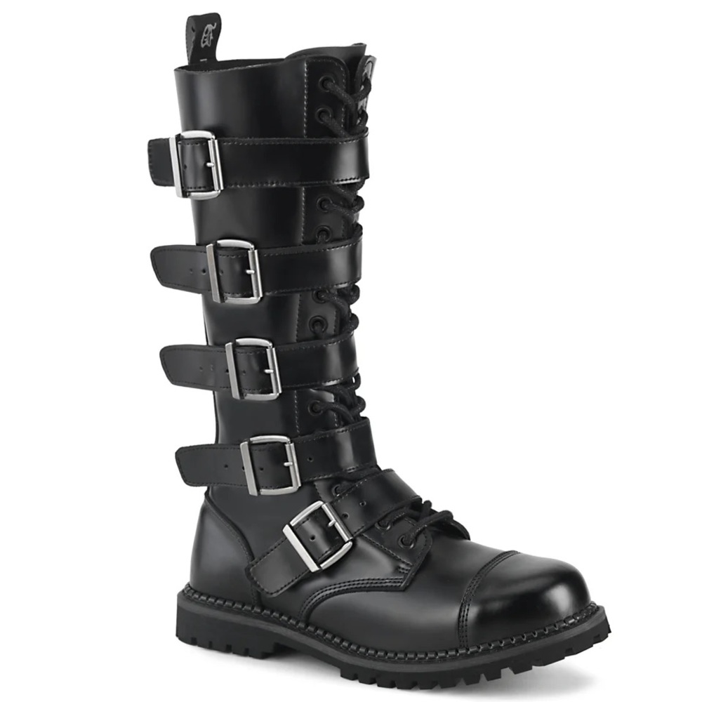 Demonia Cult Leather RIOT-18BK Black Buckle Combat Boots NEWinBox Size 12-EU 44